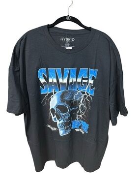 Hybrid Apparel Men’s Black Tee with Blue Skull "Savage" Graphic